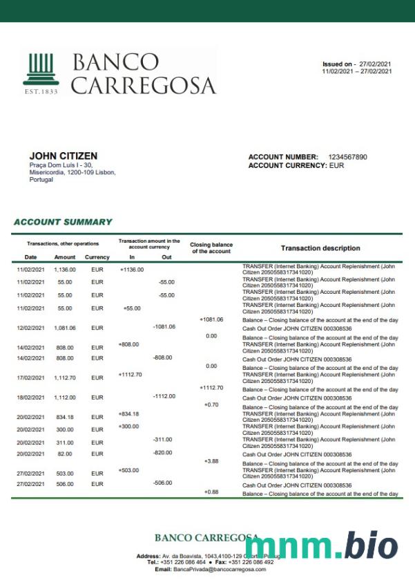 Portugal Banco Carregosa szablon w formacie excel pdf